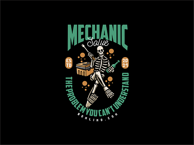 Skull Pride The Mechanic alone automotive badge beer cartoon chill distressed illustration logo mechanic old pride relax retro skeleton skull tools tshirt design typography vintage