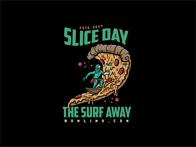 Aliens Surfing On Slice Pizza aliens badge beach board cartoon chill delicious distressed food illustration logo old retro sea sport surfing tshirt design typography vintage waves