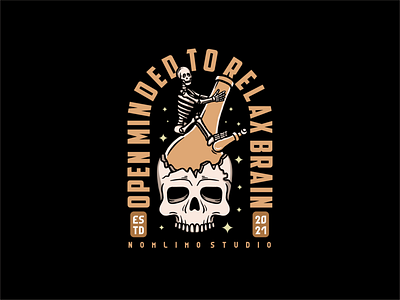 Skull Relax Mind above badge beer cartoon chill distressed drunk enjoy hold illustration logo mind old retro sitdown skeleton skull tshirt design typography vintage