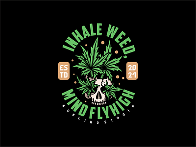 Head Skull Inhale Weed badge brain cannabis cartoon distressed fly head illustration logo marijuana mind mindfullness old retro skull tshirt design typography vintage weed