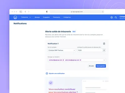 Notifications 1/2 agicap app button card cashflow data email form gradient grid icon interface label modal multiselect notification product product design select ui