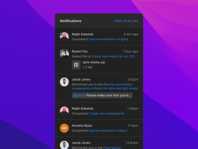 Notifications modal - Dark Mode app clean comments component components dark dark mode design system fintech inbox messages modal notifications panel popover saas ui ux