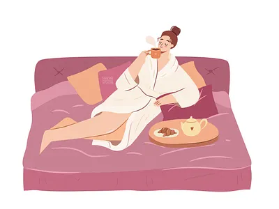 Good morning bed breakfast character character design coffee cute design digital art flat girl happy illustration morning routine tea vector woman