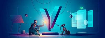 Vue Mastery Intermediate cat course craft engineer future illustration illustrator light robot space vector vue