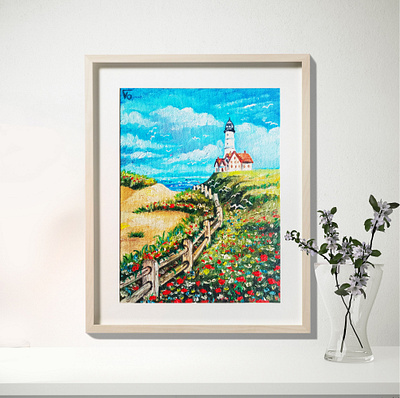 lighthouse on the coast, Mini painting, seashore and lighthouse, original gift paint painting