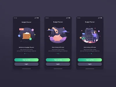Budget Planner - Welcome Screens, Dark Version app branding button clean design finance flat icon illustration ios landing page logo minimal mobile typography ui ux vector web web design
