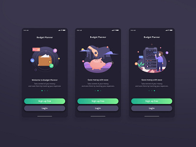Budget Planner - Welcome Screens, Dark Version app branding button clean design finance flat icon illustration ios landing page logo minimal mobile typography ui ux vector web web design