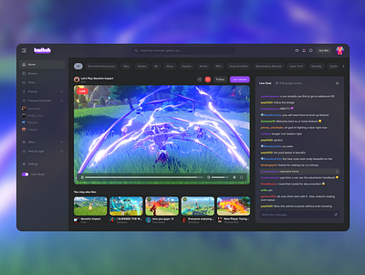 Twitch redesign 💜 2021 design clean design dark theme dashboard esport game gamers genshin impact glassmorphism live movie app stream streaming streaming app twitch twitch redesign twitch.tv user interface video youtube