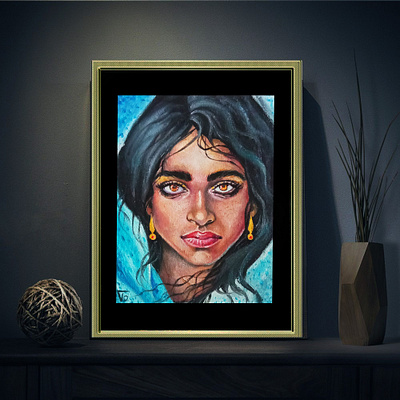 Portrait of a girl, oil paints, gypsy, witch, girl face, graphic design hand painted oil portrait