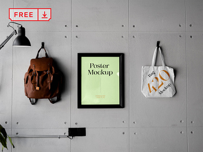 Free Poster with Bag Mockup bag branding canvas design download free freebie identity illustration logo mockup mockups poster psd template typography wall