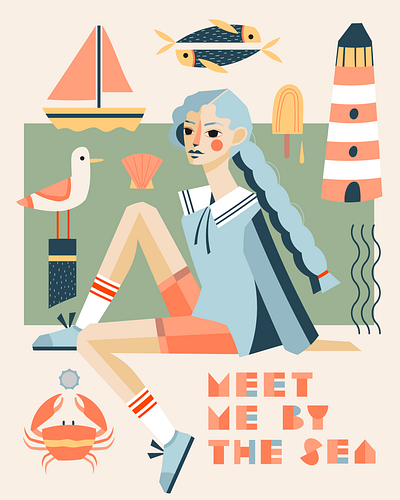 Meet me by the sea book clean colorful draw flat flatillustration illustration illustrator kids print vector vectorart vectorillustration