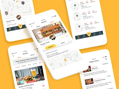 Food Truck - UI (2018) app design business dashboard design food app food order food truck map mobile order app orders pofile ui user experience user interface ux wireframes yellow app design