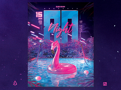 80s Night Flyer Retrowave Pink Flamingo Pool Party 1980s 80s aesthetics flyer neon pink flamingo pool retrowave synthwave template vaporwave