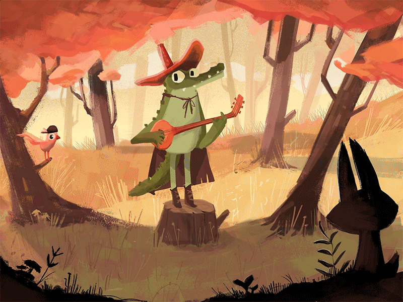 Singing into the woods animal animals bird cartoon cat character character design children childrenbook croco forest illustration landscape procreate sing