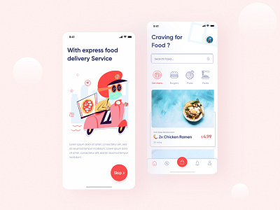Online Food Delivery App app application bayzid calorie cartoon colorful cuberto design food illustration ios iphone japan mobile app overlaps ramen restaurant restorant shushi typography