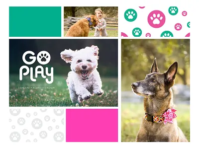 Go Play Moodboard branding daycare design dog green illustration logo paw pawprint pet