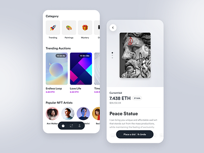 NFT Auction Marketplace art auction bid bitcoin crypto cta doge emoji eth ethereum ios marketplace minimal mobile nft app product page store trade ui ux