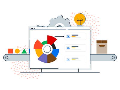 Business Insights ai box brooklyn bulb business cards conveyor belt gear graph illustration insights intelligence light nyc pie chart product shapes smart triangle ui