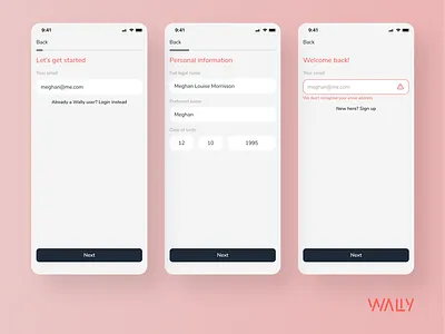 Sign Up | Wally app branding mobile app money transfer onboarding online banking sign up ui ux