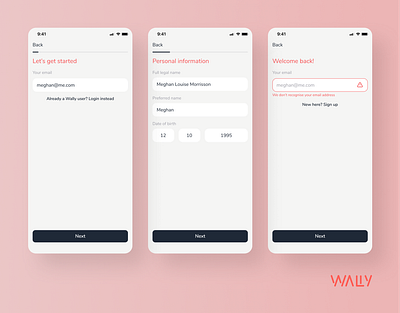 Sign Up | Wally app branding mobile app money transfer onboarding online banking sign up ui ux