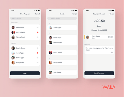 Payment Request | Wally app design digital bank mobile app money online bank online banking request transfer ui design ux design