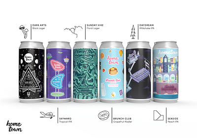 Hometown Brewing beer branding brewery can can art design graphic design illustration packaging packaging design typography vector
