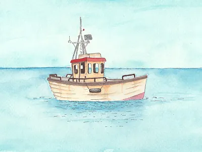 Three Hour Tour blue boat gouache illustration ocean painting water