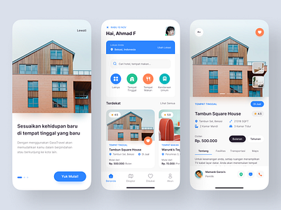 GassTravel - Properties & Travel App 🏢 apartment blue clean colorful design flat home rent homestay house location maps minimal minimalist mobile popular property rent restaurant travel ui