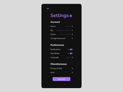 Daily UI 007 - Settings daily ui dark mode design settings ui ux