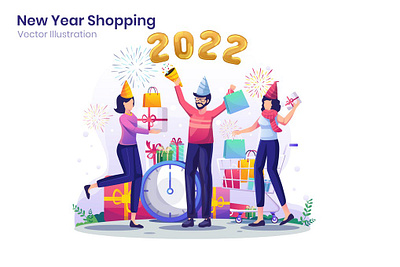 New Year Shopping Flat Illustration business celebrate celebration character christmas concept flat flat illustration gift holiday illustration new new year new years people sale vector web website year