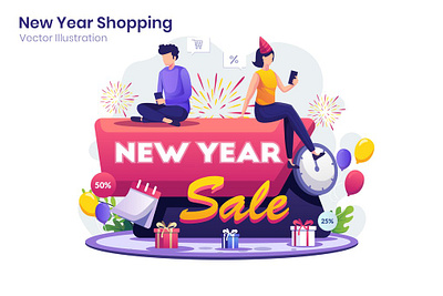 New Year Shopping Flat Illustration business celebrate celebration character christmas concept flat flat illustration gift holiday illustration new new year new years people sale vector web website year