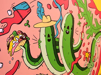 Benito's Oxford Circus Mural close up alcohol burrito cactus dope drinks flora flower fluid happy hat ice illustration margarita mexican mural party restaurant smile taco wall