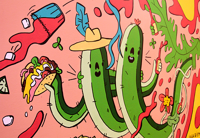 Benito's Oxford Circus Mural close up alcohol burrito cactus dope drinks flora flower fluid happy hat ice illustration margarita mexican mural party restaurant smile taco wall