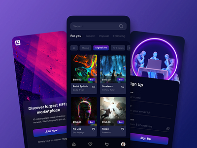 NFT Marketplace App art art sales artworks bid black ui clean crypto cryptocurrency dark ui darkmode latest mobile ui marketplace minimal mobile app neon nft nft app nft mobile app night mode non fungible token