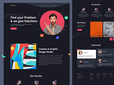 🖥 Unique Design Agency Landing Page concept black branding dark dark mode dark theme design agency gray header hero banner landing page landingpage minimal motion graphics multi color pink ui design uiux version web page website