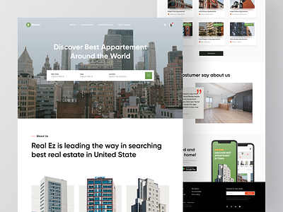 Realez Landing Page Exploration appartement bootstrap card clean home landing page landing page design property real estate rent app startup ui ux web webflow website wordpress