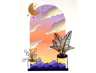 Stages of Sunset Triptych 1/3 clouds fantasy gouache illustration magic painting pilea plants sunset window