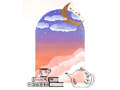 Stages of Sunset Triptych 2/3 books clouds fantasy gouache illustration magic moon painting stars sunset tea window witchy