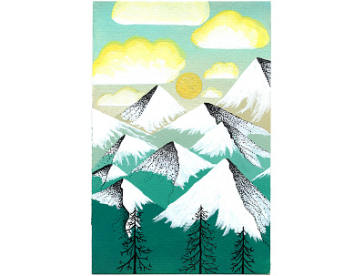 Green Mountain Sunset 2 gouache illustration landscape mountains painting sunset