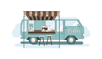 Street coffee shop on wheels outdoor. business cafe design food graphic design illustration outdoor street take away tea truck