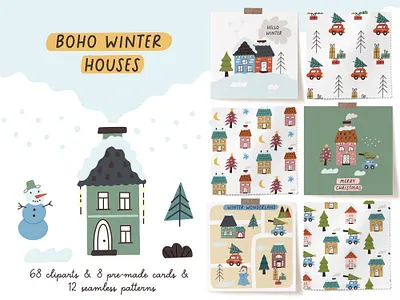 Boho Winter Houses boho card design christmas collection cottage cozy flat hand drawn holiday house illustration postcard scandinavian seamless pattern snowy tree vector village winter wonderland