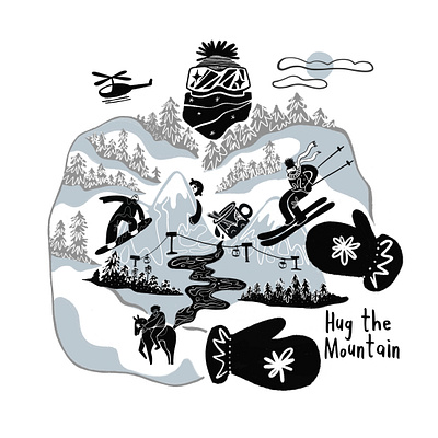 Hug the Mountain activity art concept design extreme family holiday flat helicopter holiday illustration kids mountain print ski snowboard sport t shirt wall art winter winter sport