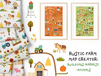 Rustic Farm Map Creator animal building carpet cars cartoon clipart constructor farm map flat hand drawn house illustration map map creator nursery pattern poster river road vector