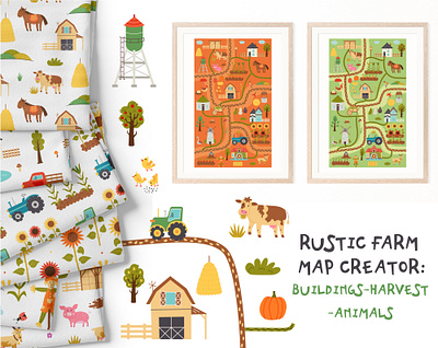 Rustic Farm Map Creator animal building carpet cars cartoon clipart constructor farm map flat hand drawn house illustration map map creator nursery pattern poster river road vector