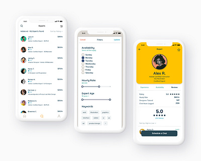 Tutor App Listing, Filter, Tutor Profile app branding character design digital art filter illustration ios listing logo mobile profile ui user experience user interface ux vector