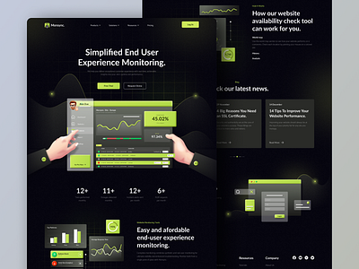 Monsync. - Website Monitoring Service Landing Page 3d analysis dark design figma illustration landing page monitoring service ui ui design uiux ux web web design website