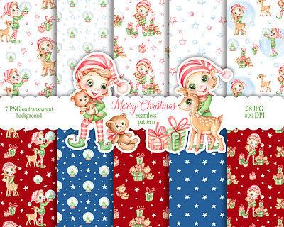 Christmas Elf Watercolor Patterns baby shower design illustration nursery print