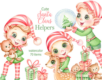 Christmas Elf Watercolor Clipart baby shower christmas design illustration nursery print