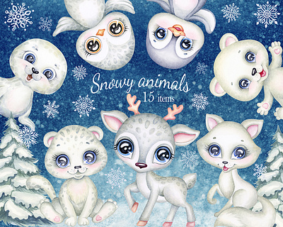 Cute winter animals clipart baby shower illustration nursery print