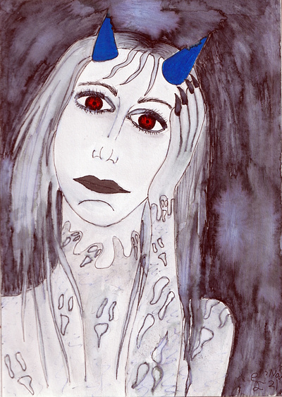 Halloween Inspired Drawing devil horns drawing halloween illustration misty background red eyes